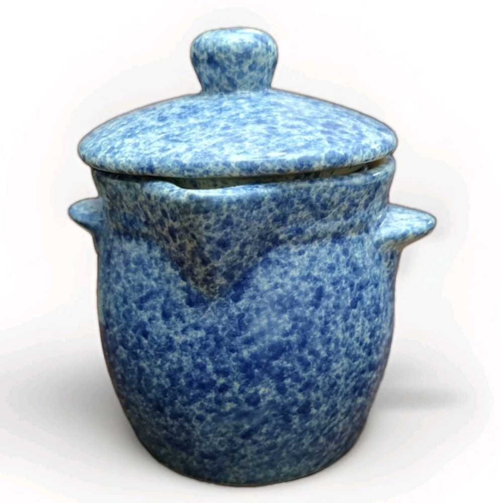 Vtg Blue Sponge Wear Tea Brewing Crock With Ceramic Infuser & Lid 7" Tall X 6"W